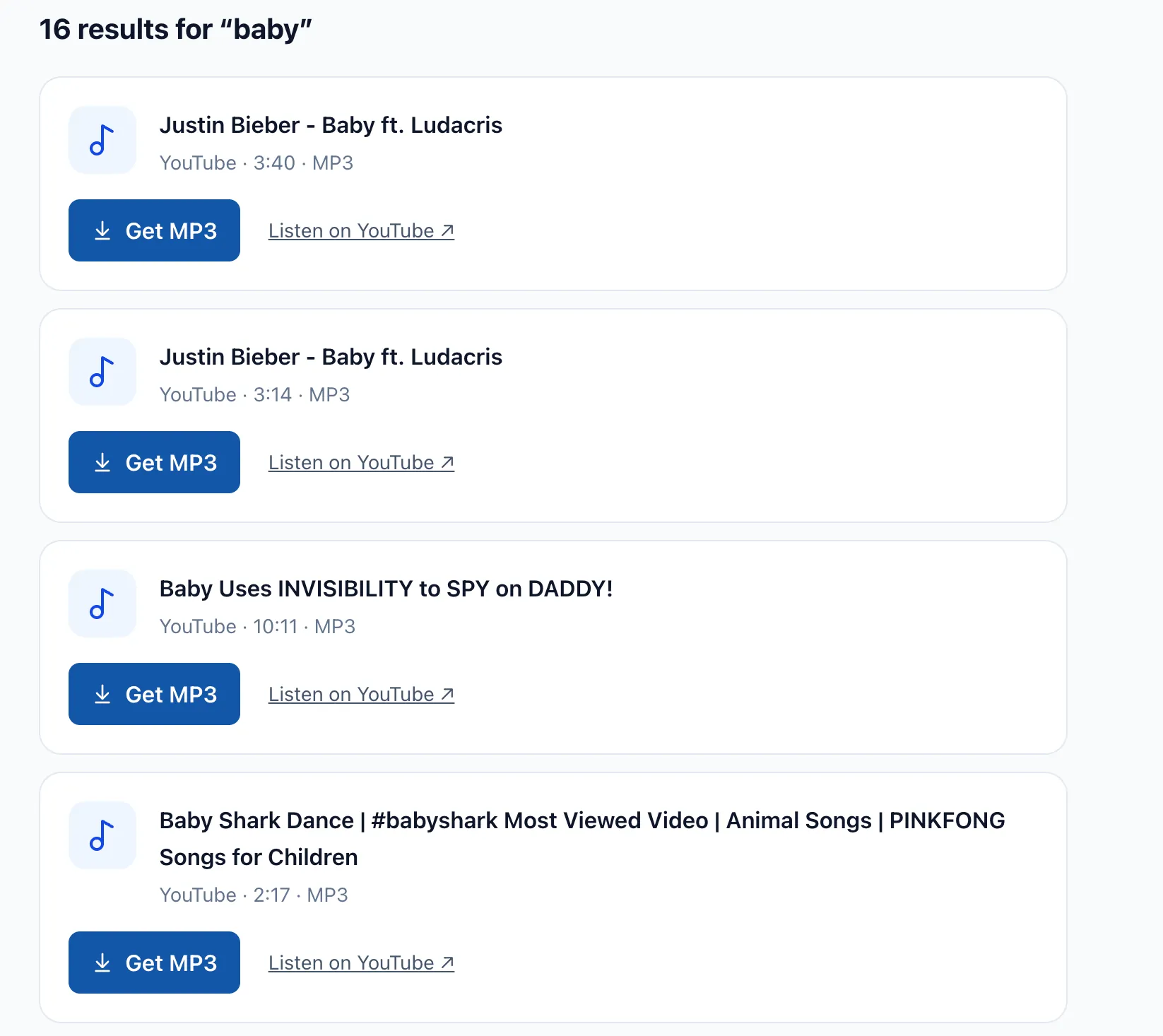 Example search for baby showing song titles, durations, Get MP3 buttons, and YouTube listening links.